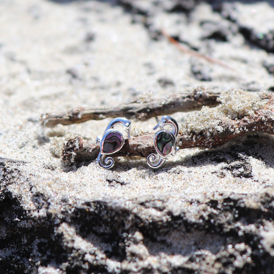 Sterling Silver and Pāua Seahorse Studs