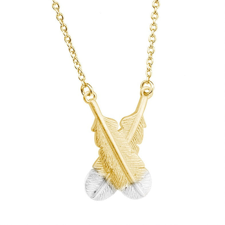 Gold pendant necklace with two overlapping huia feathers. The feathers are 3D and have silver tips.