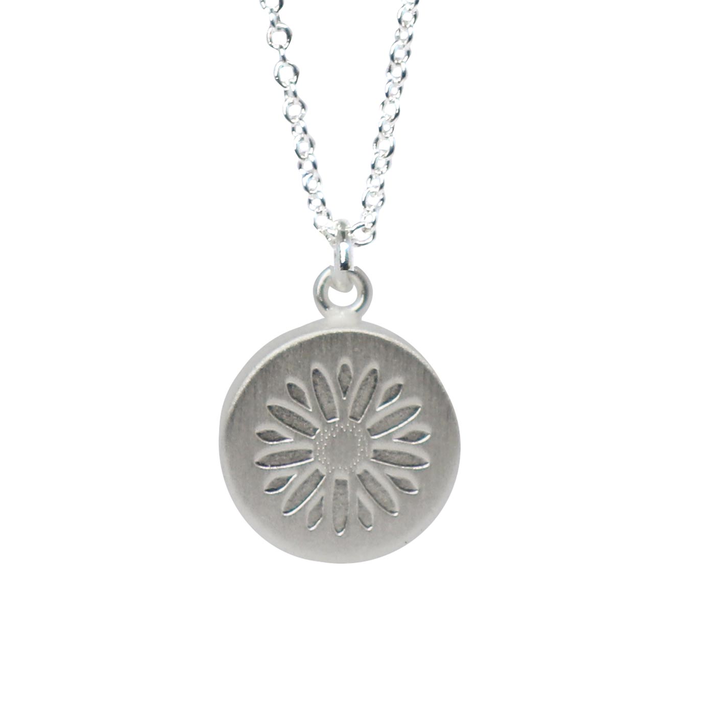 Keke Silver Mountain Daisy flower etched silver necklace NZ jewellery