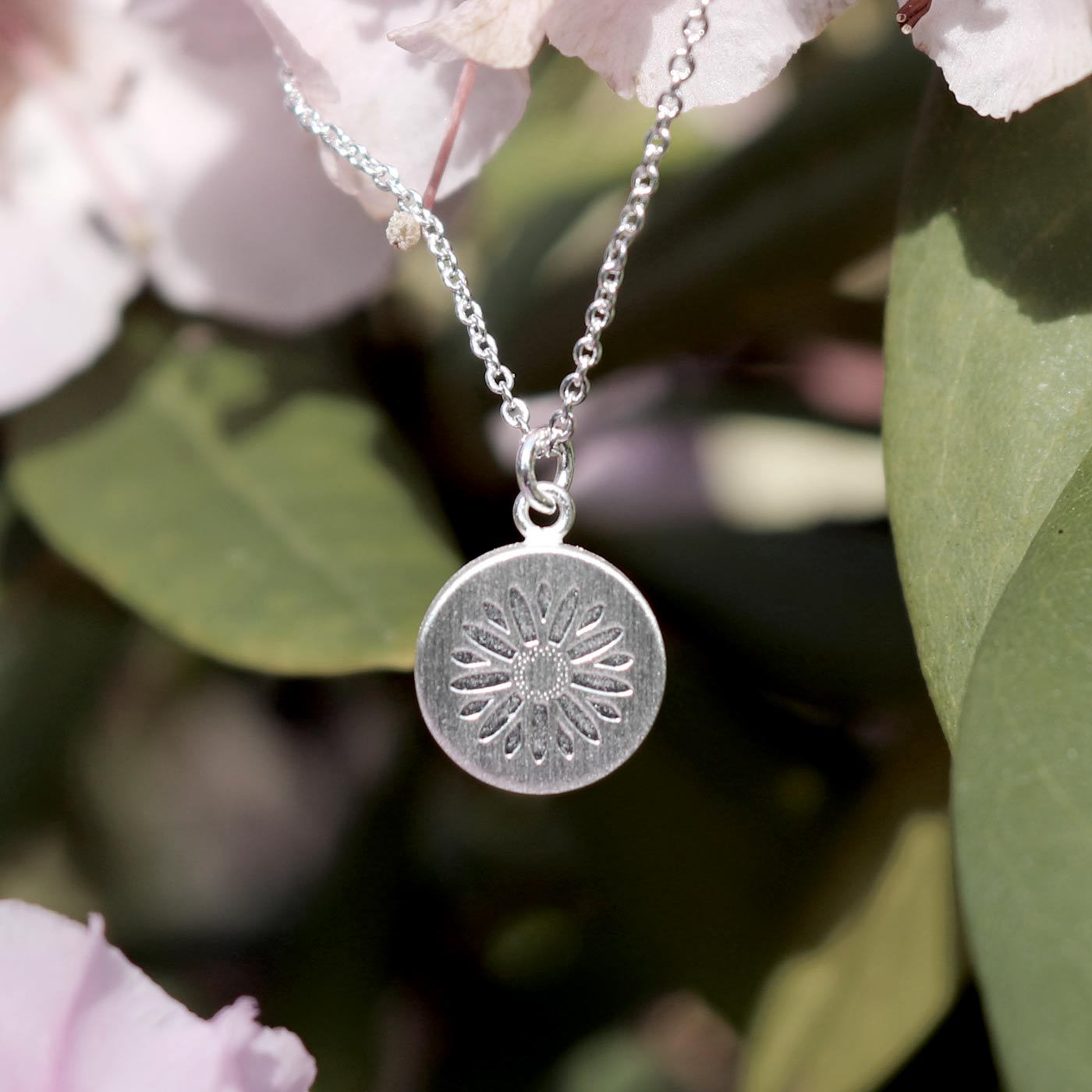 Keke Silver Mountain Daisy flower etched silver necklace NZ jewellery
