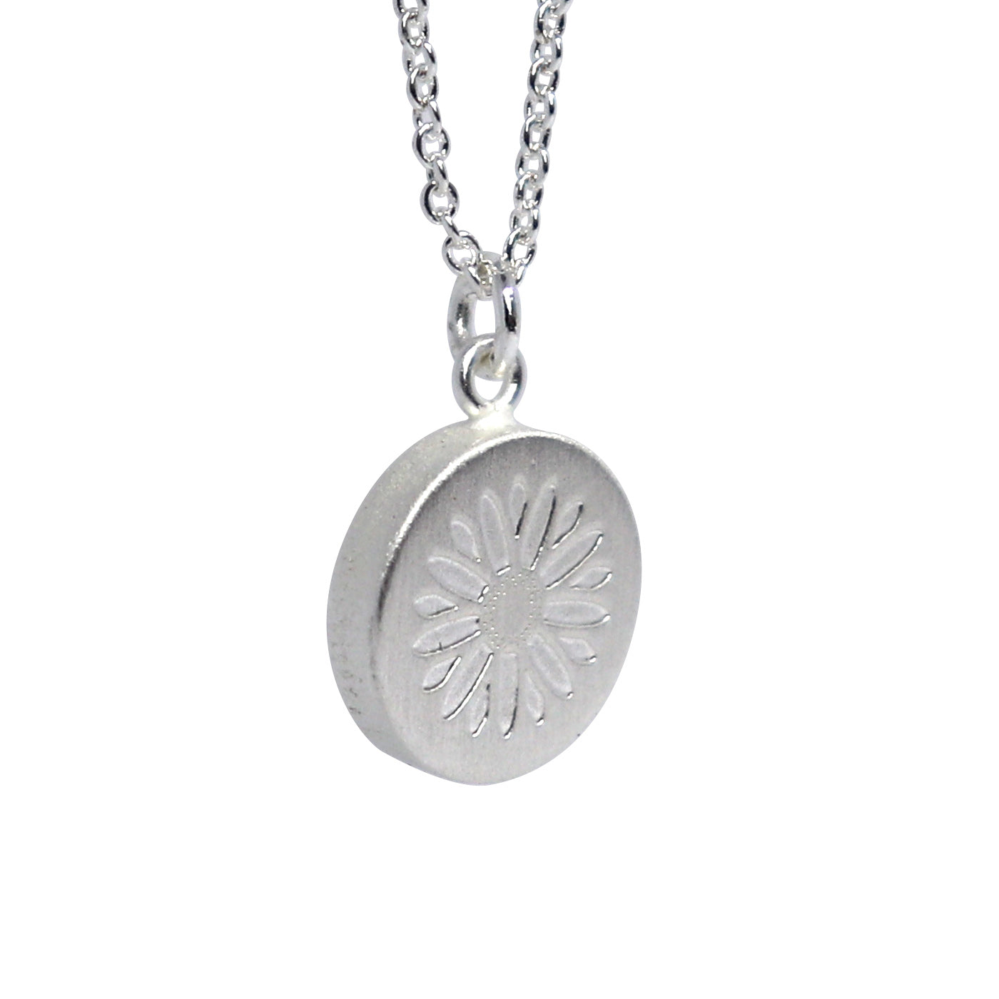 Keke Silver Mountain Daisy flower etched silver necklace NZ jewellery